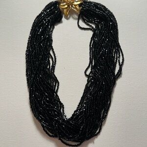 Vintage Elegant Black Beaded Necklace with Gold Accent Flower